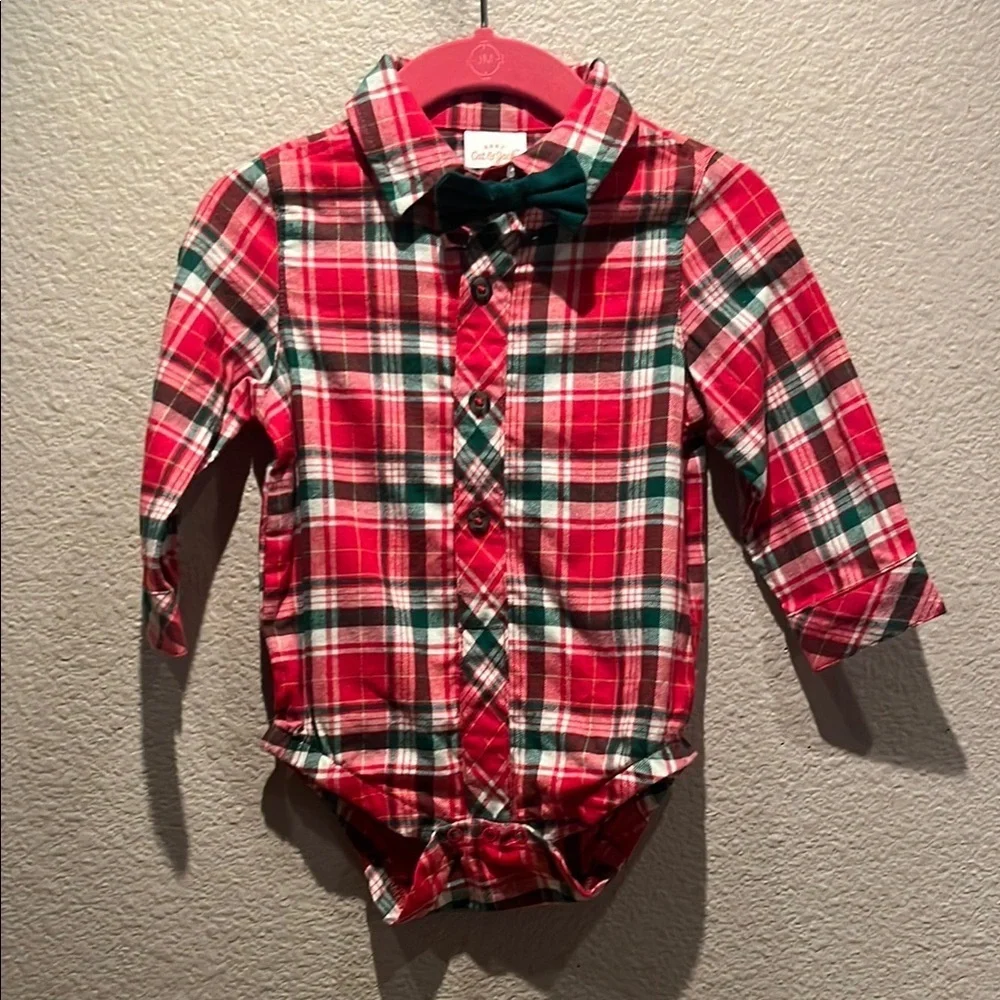 New Cat & Jack Baby Boy’s Flannel Shirt Onesie With Bow tie Size 6-9 Months NWOT